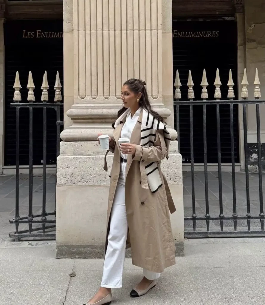 Beige Trench Coat with White Jeans Old Money Outfit