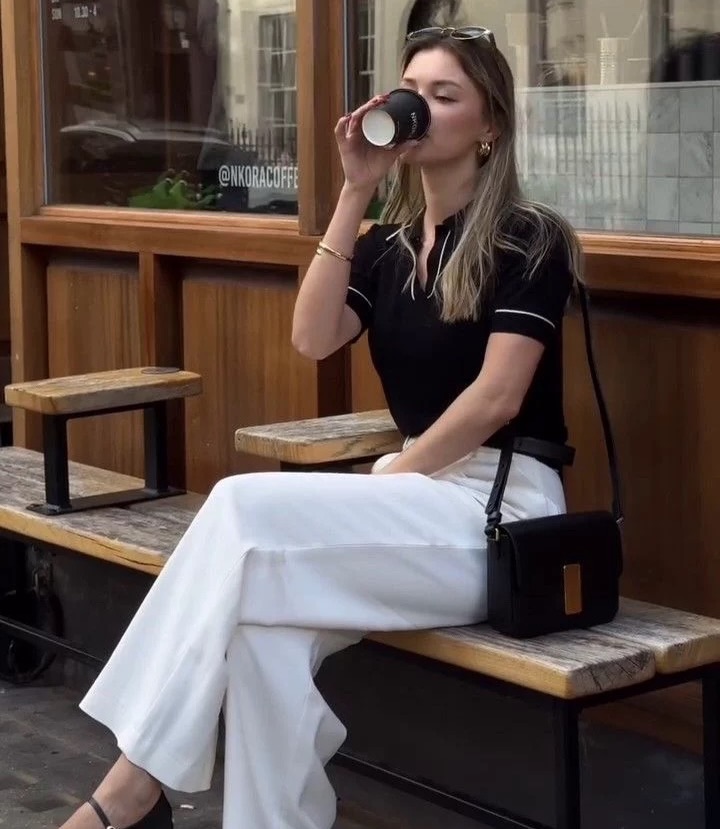 Black Polo Top with White Wide-Leg Jeans Old Money Outfit
