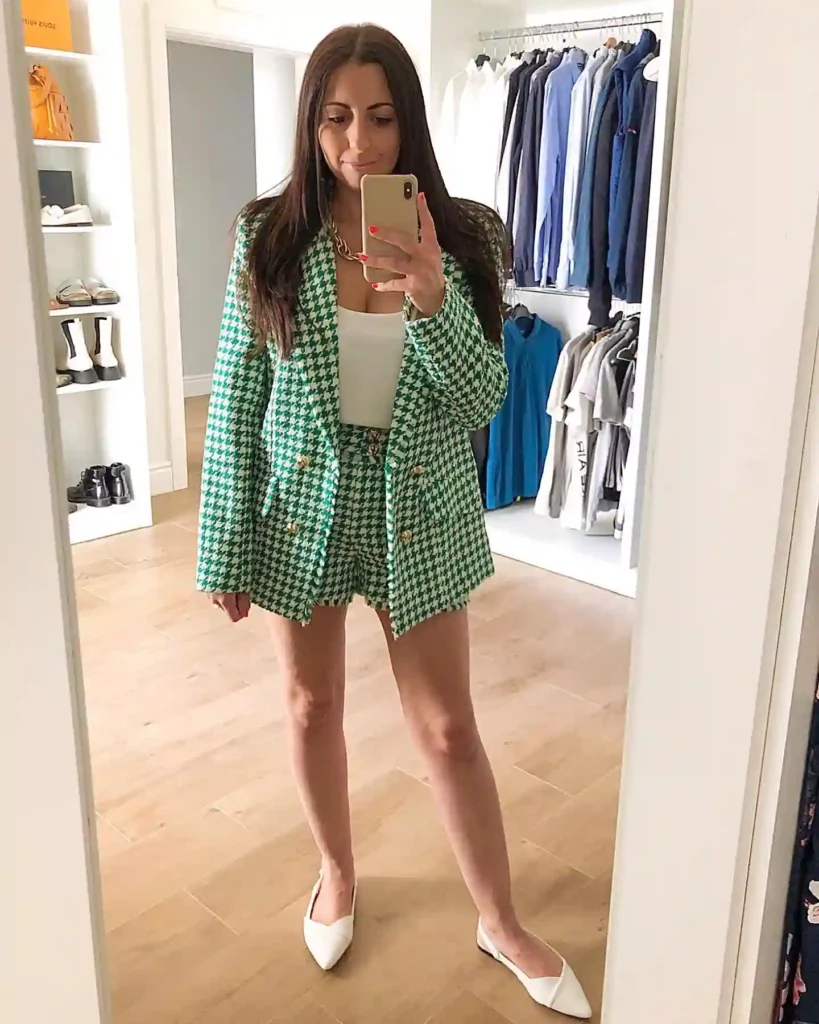 Green Patterned Blazer with Matching Shorts Set