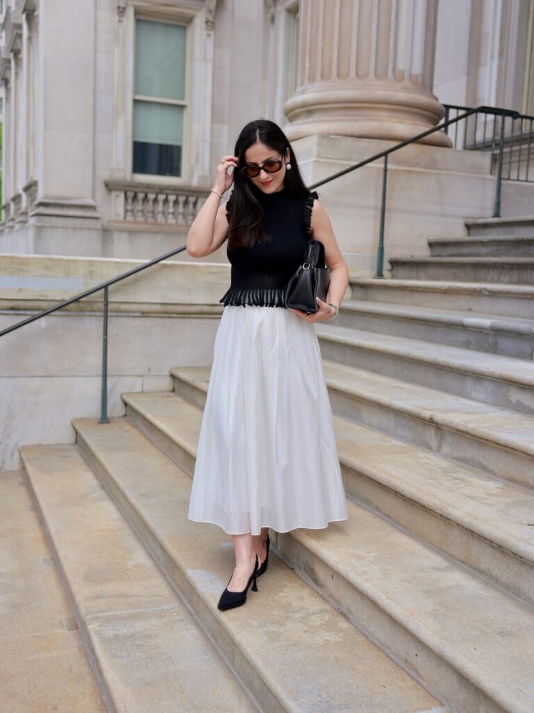 Black Sleeveless Top with White Flowy Skirt Old Money Summer Outfit