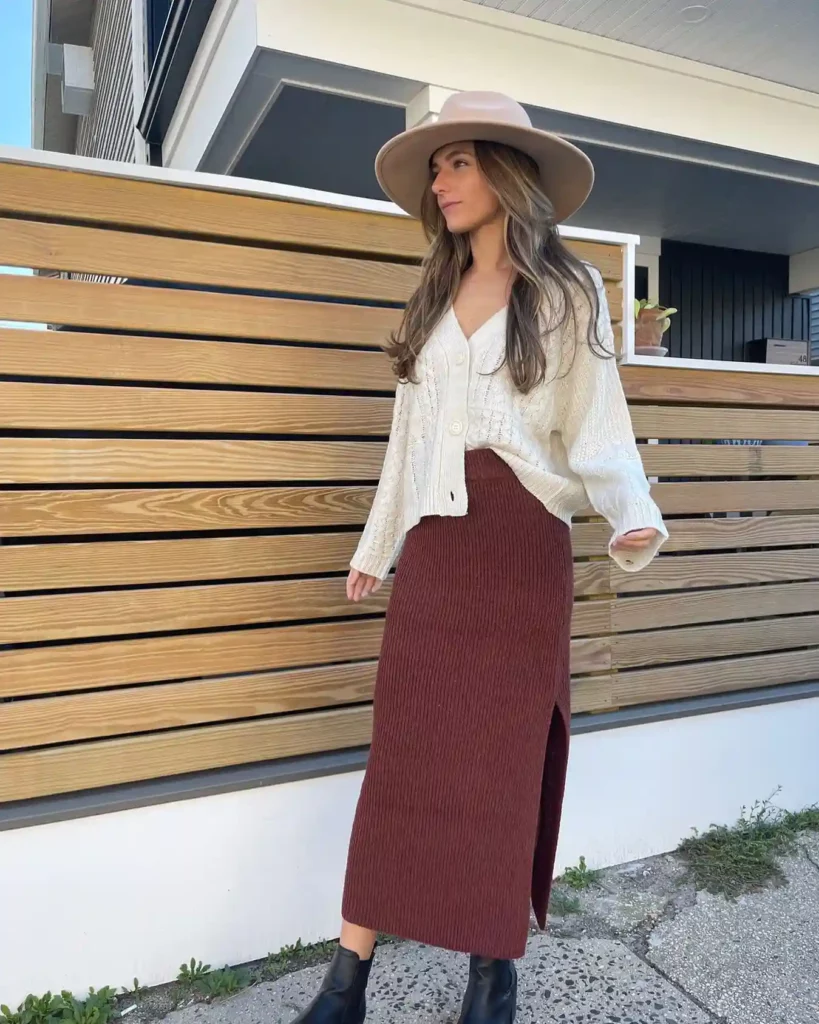 Cream Cardigan with Brown Knit Pencil Skirt Old Money Outfit