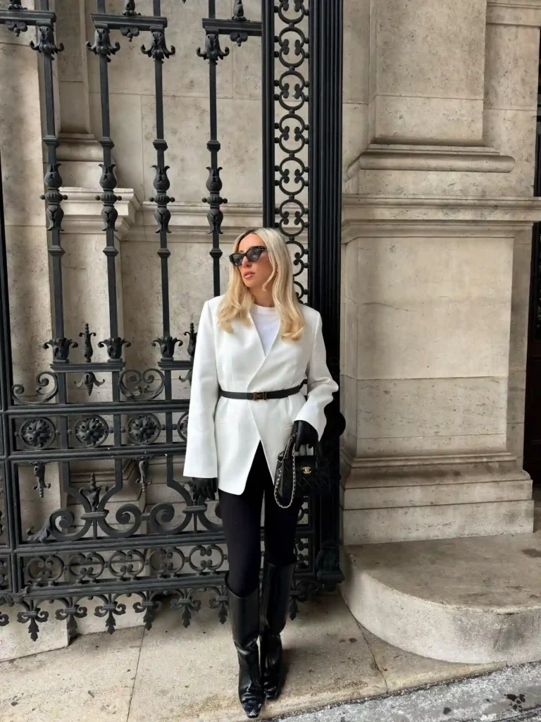 White Blazer with Black Leggings and Knee-High Boots Office Outfit