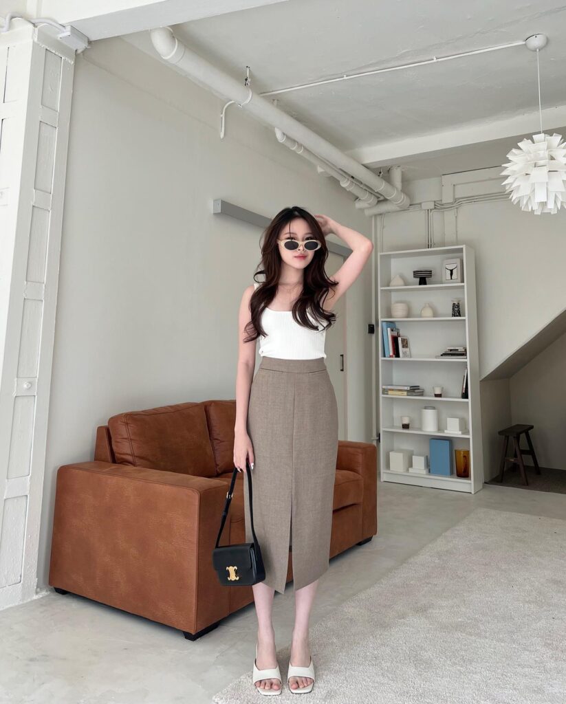 White Tank Top with Taupe Midi Skirt Old Money Summer Outfit