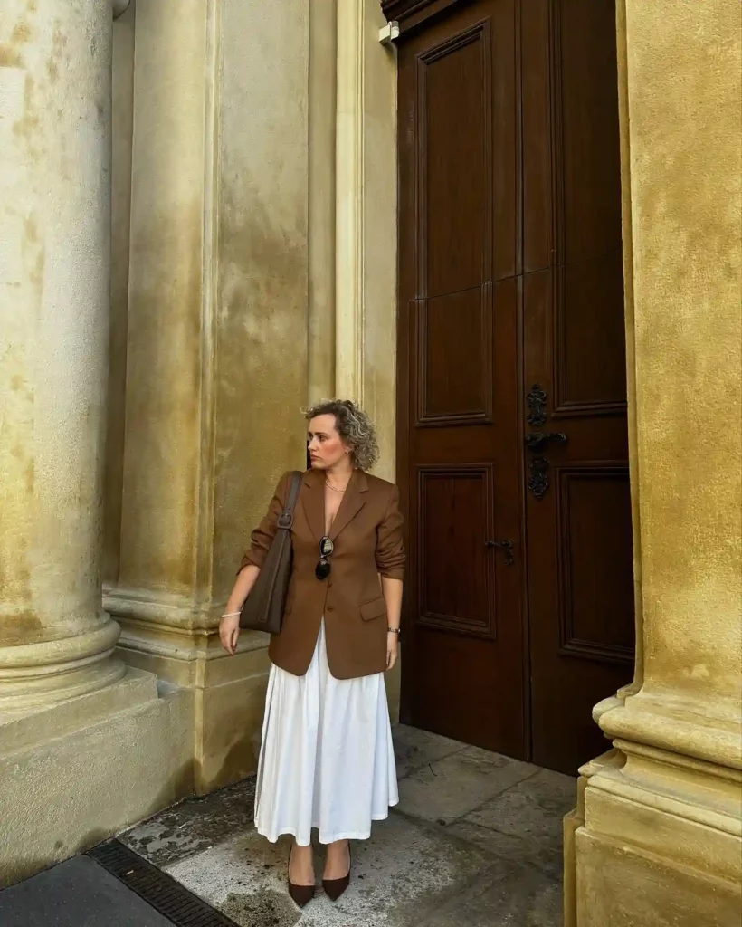 Brown Blazer with White Midi Skirt Old Money Outfit