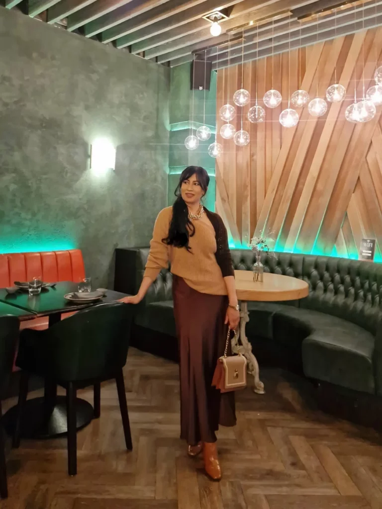 Camel Sweater with Brown Satin Skirt Old Money Outfit