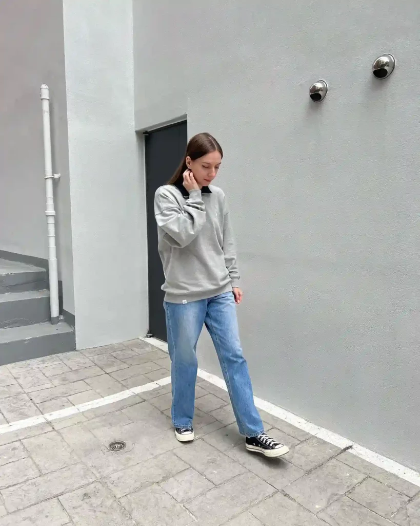 Gray Sweatshirt with Blue Jeans Office Outfit