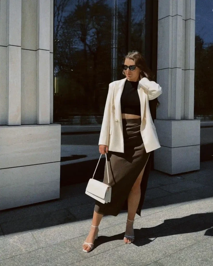 White Blazer with Brown Midi Skirt Old Money Outfit