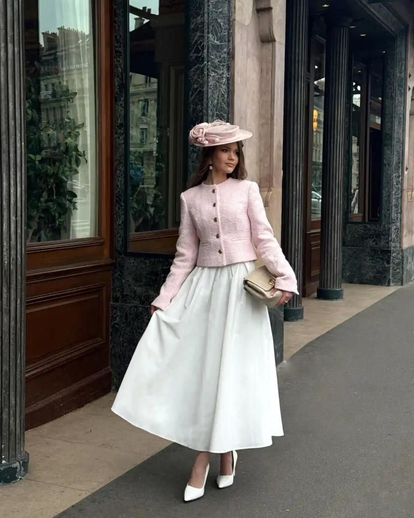 Pink Tweed Jacket with White Midi Skirt Old Money Outfit