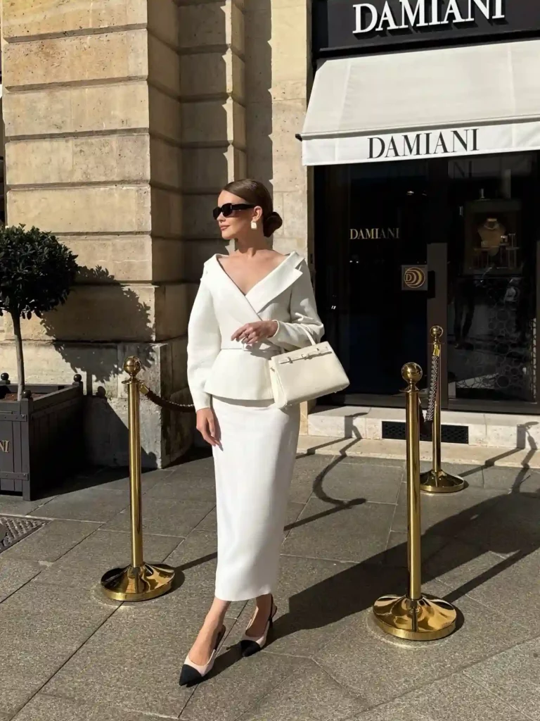 White Peplum Top with White Pencil Skirt Old Money Outfit