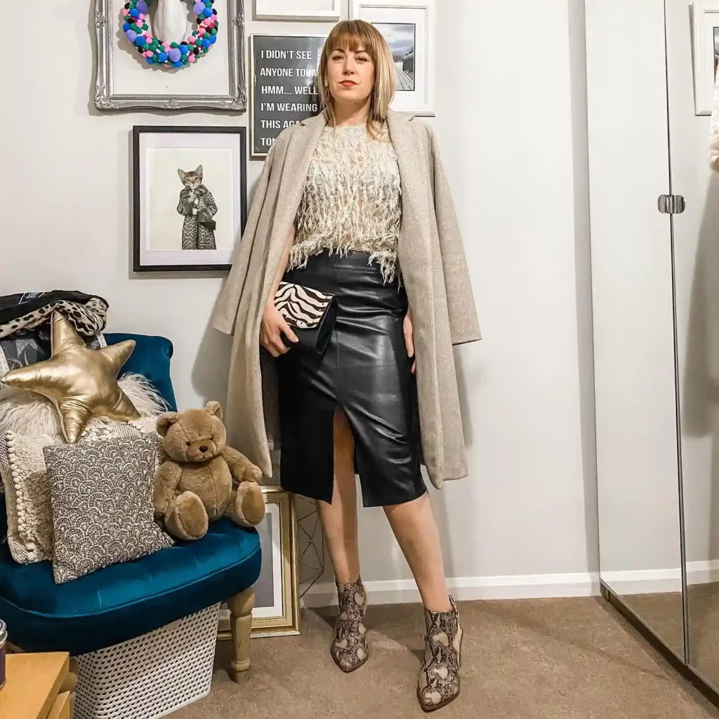 Beige Coat with Black Leather Pencil Skirt Old Money Outfit
