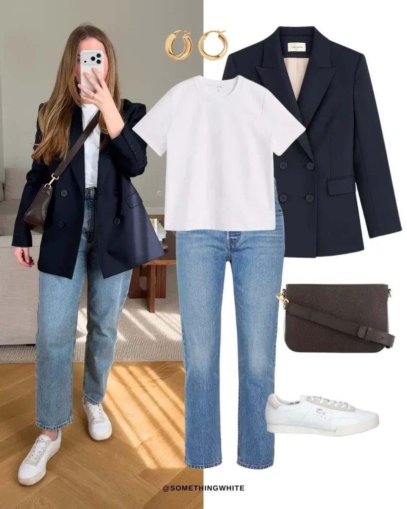 Navy Blazer with Light Blue Jeans Office Outfit
