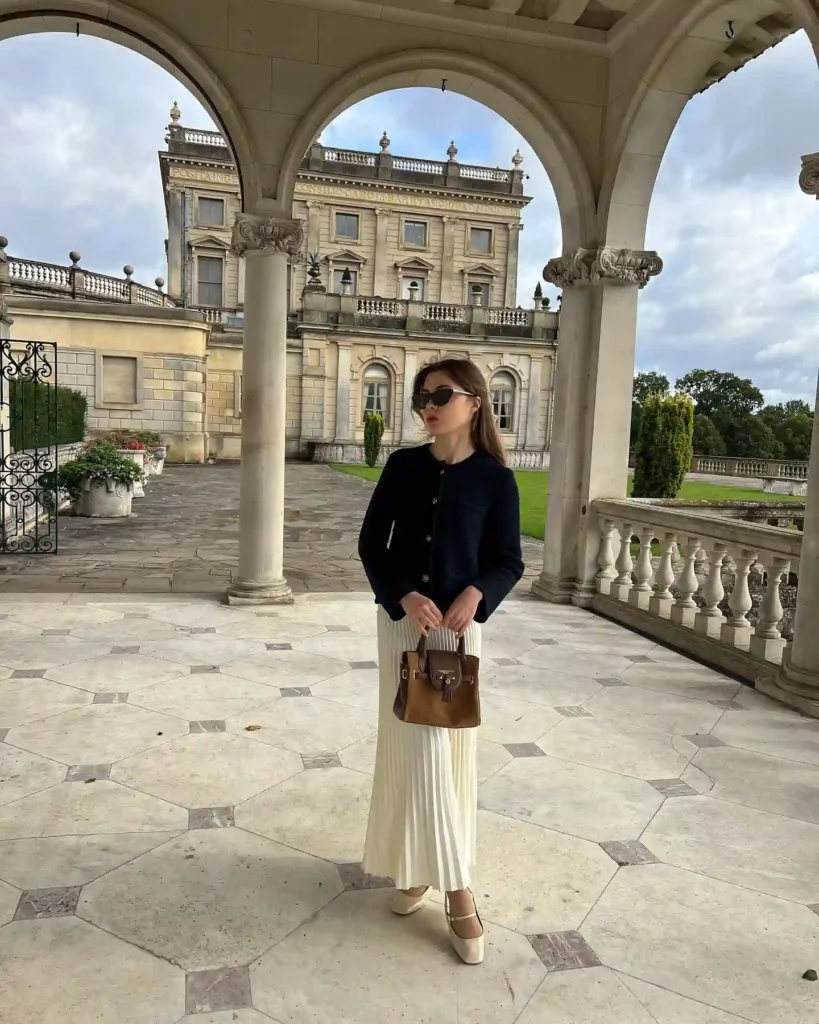 Navy Jacket with White Pleated Skirt Old Money Outfit