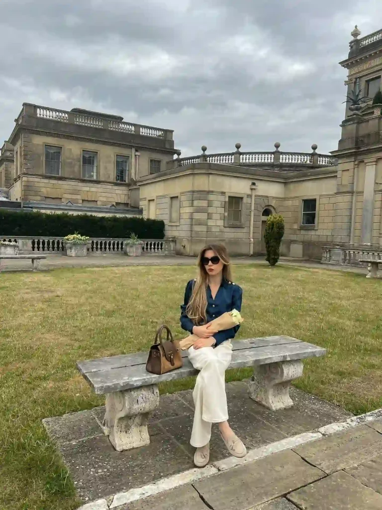 Navy Satin Blouse with White Jeans Old Money Outfit