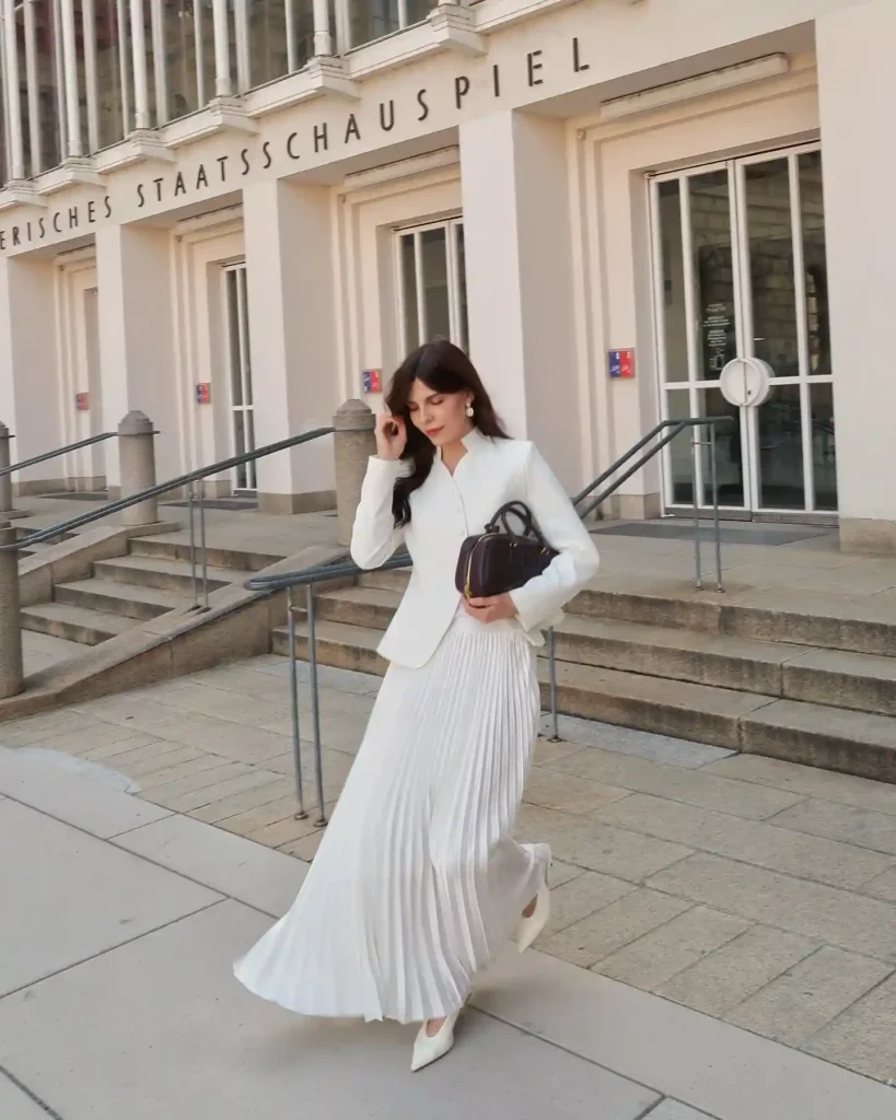 White Blazer with White Pleated Skirt Old Money Outfit