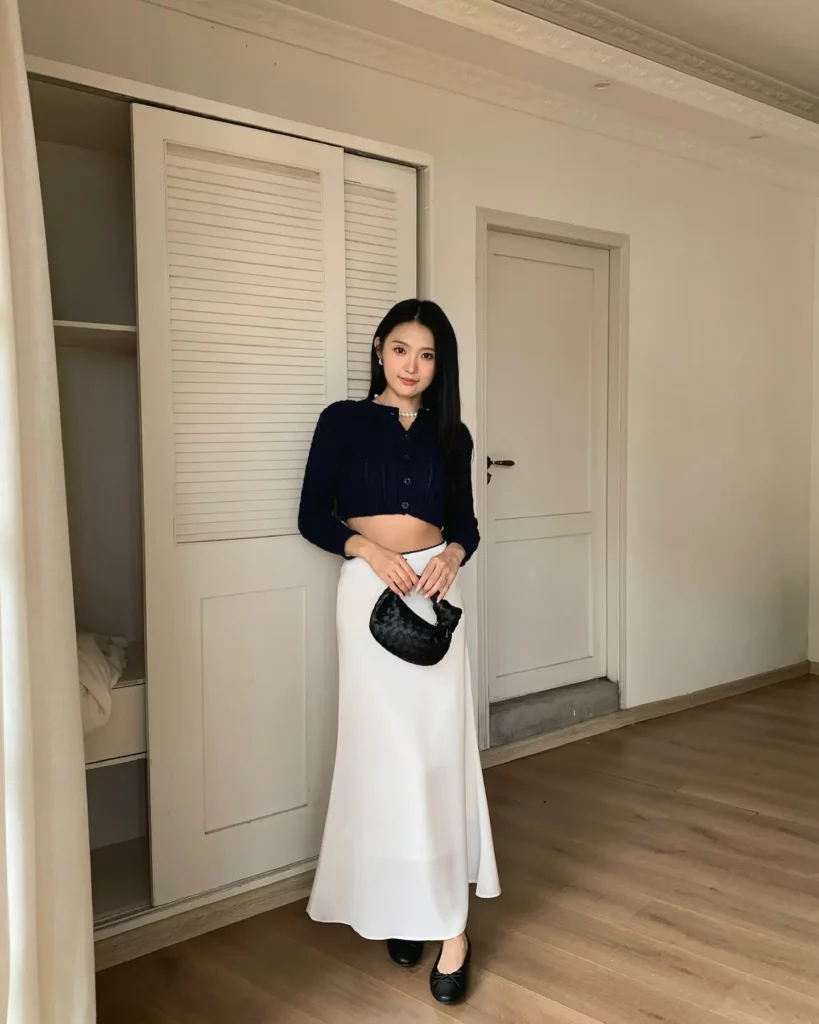 Navy Cropped Cardigan with White Satin Skirt Old Money Summer Outfit