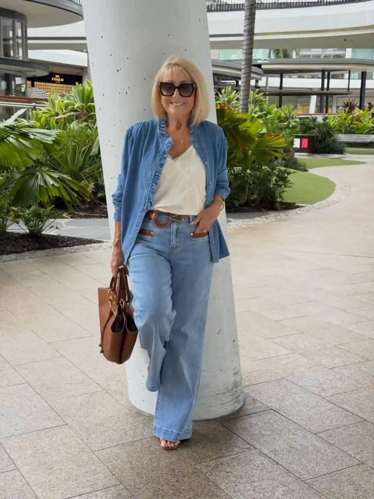 Denim Shirt with Light Blue Jeans Office Outfit