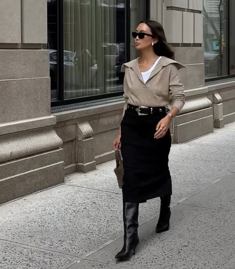 Beige Knit Top with Black Pencil Skirt Old Money Outfit