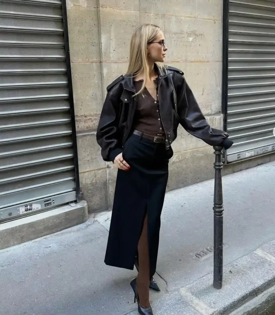 Leather Jacket with Black Pencil Skirt Old Money Outfit