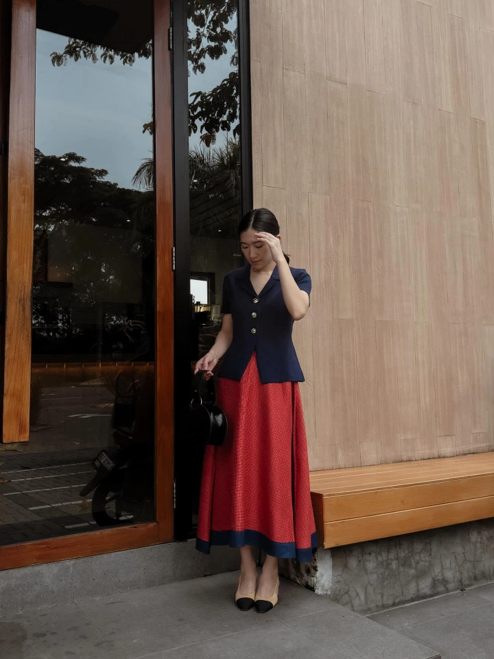 Navy Top with Red Midi Skirt Old Money Summer Outfit