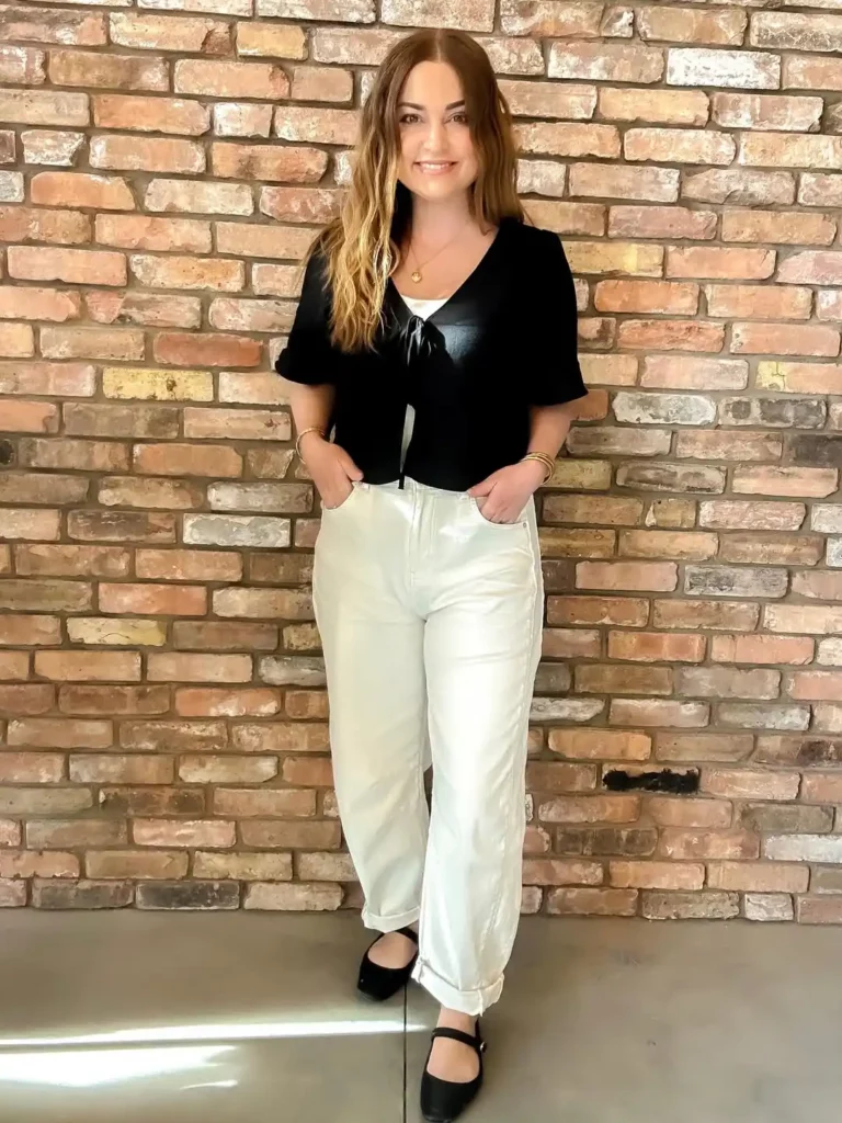 Black Bow Top with White Barrel Jeans Outfit