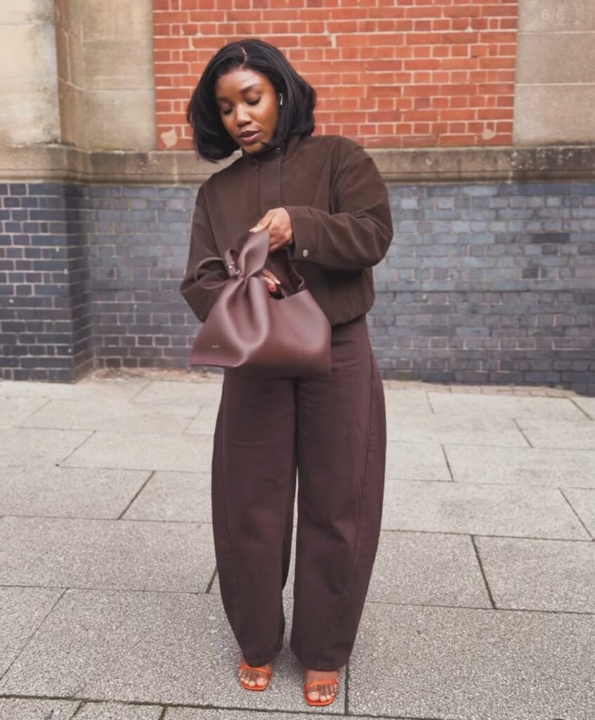 Brown Bomber Jacket with Brown Barrel Jeans Outfit