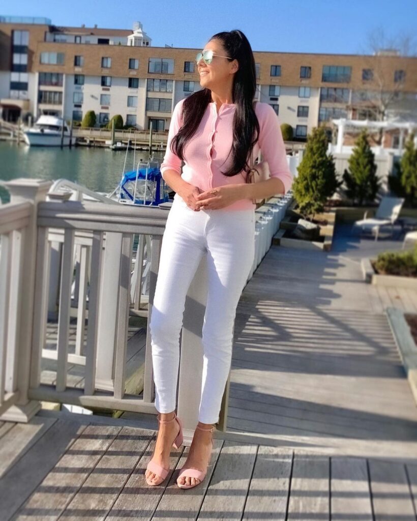 Pink Scalloped Cardigan with Slim White Jeans