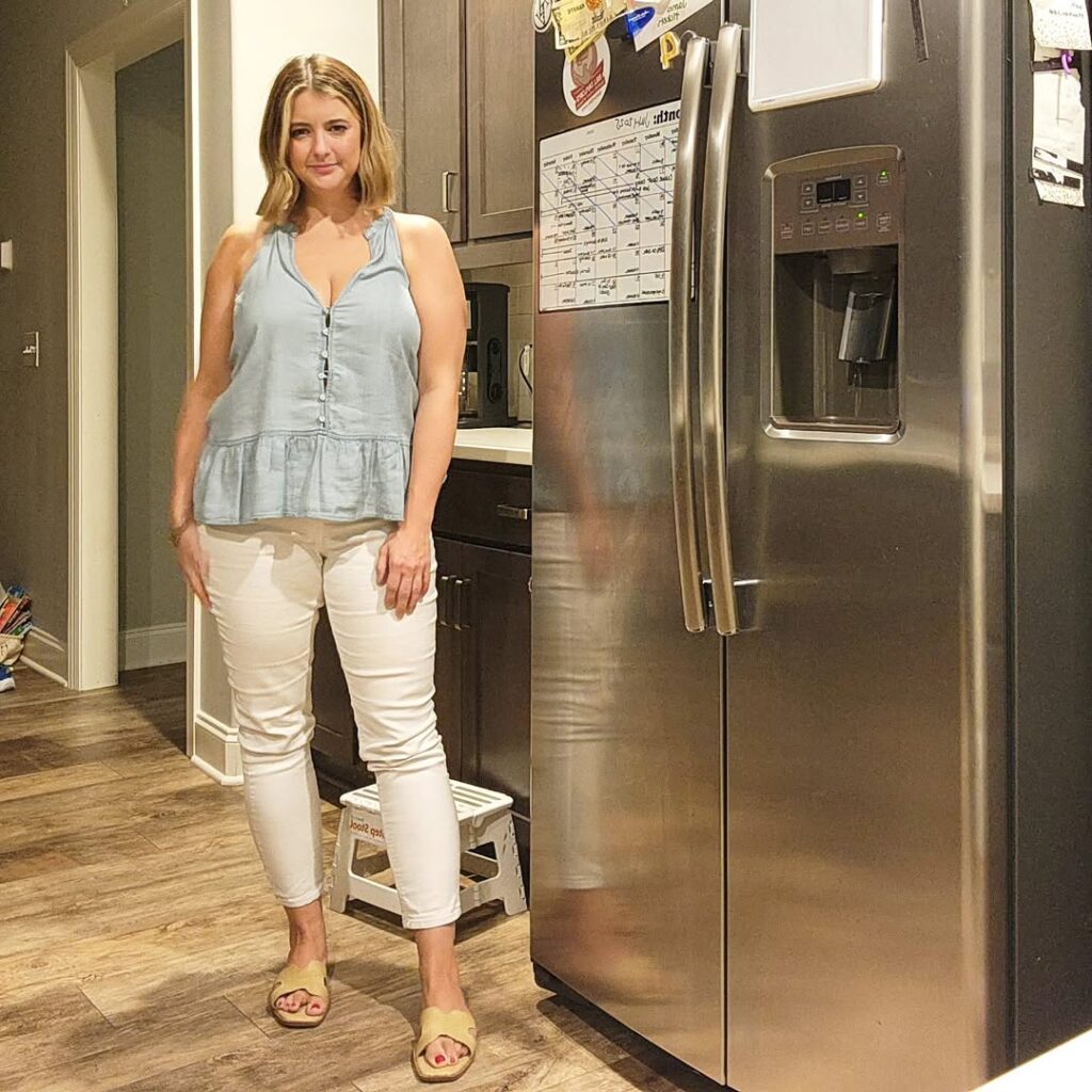 Chambray Peplum Tank with Cropped White Jeans
