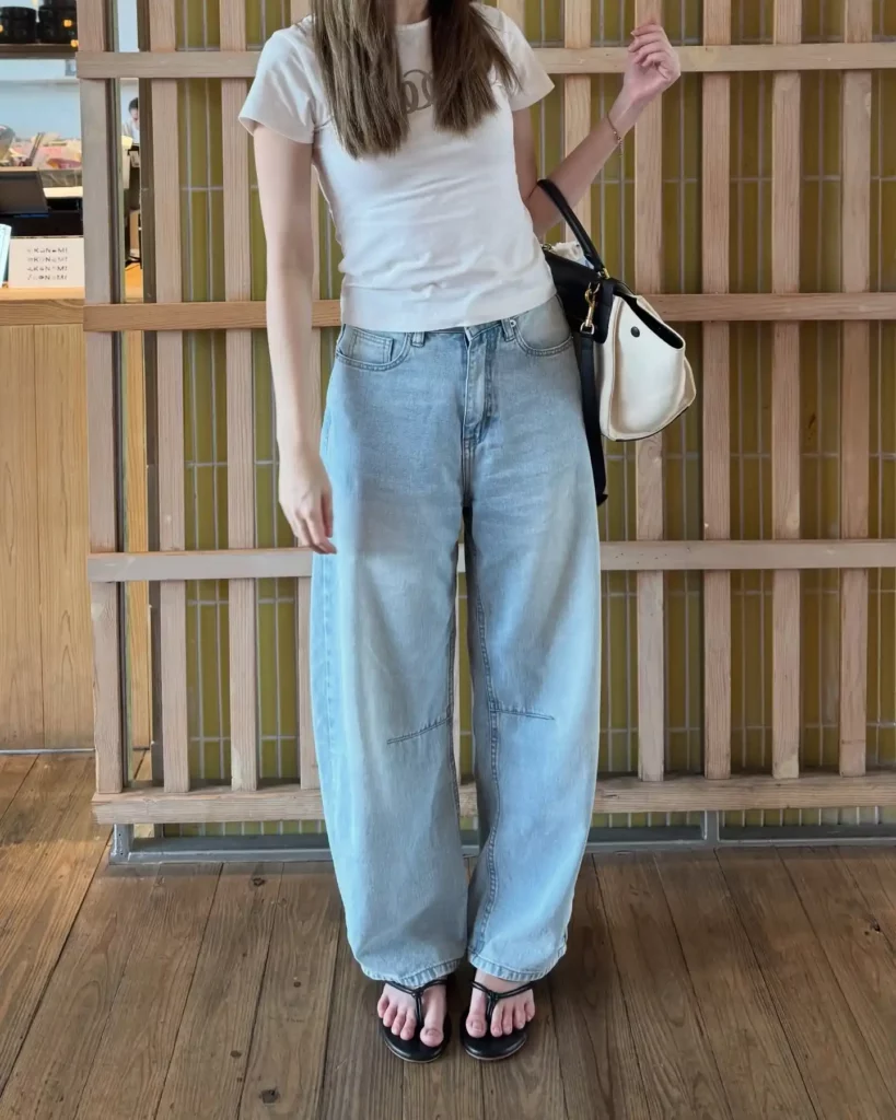 White Tee with Light Blue Barrel Jeans Casual Outfit