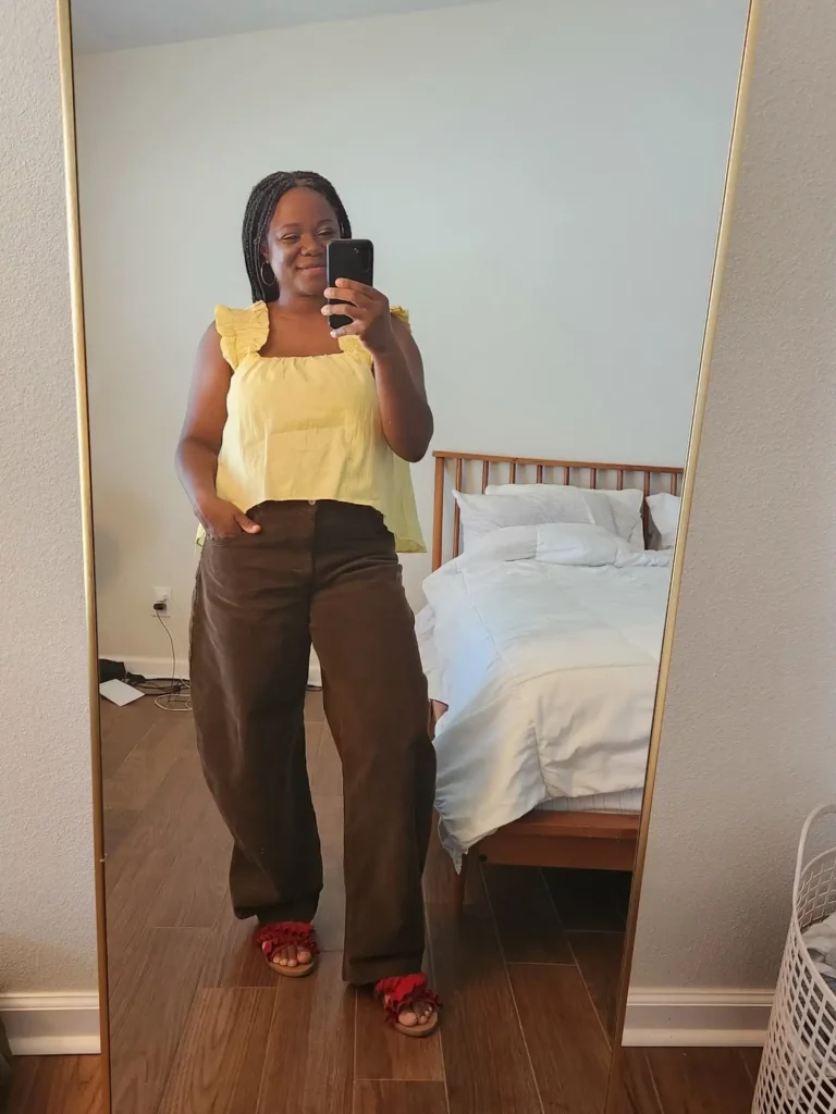 Yellow Ruffle Top with Brown Barrel Jeans Outfit