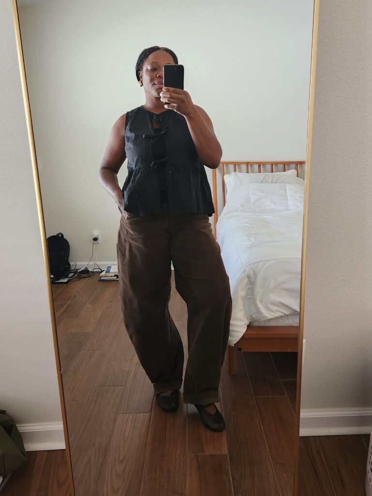 Black Bow-Tie Top with Brown Barrel Jeans Outfit
