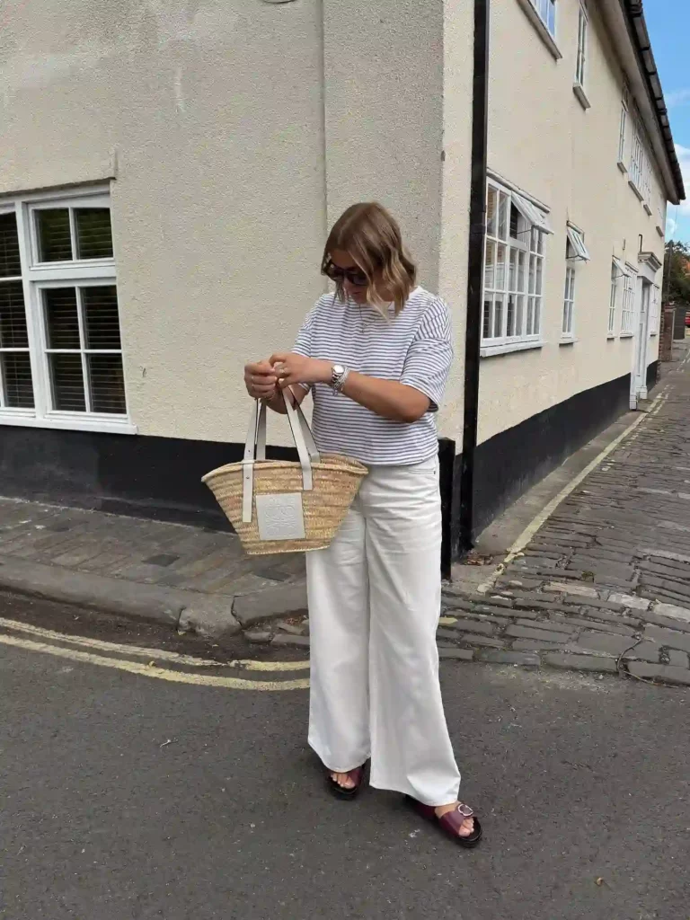 Striped Tee with Wide-Leg White Jeans