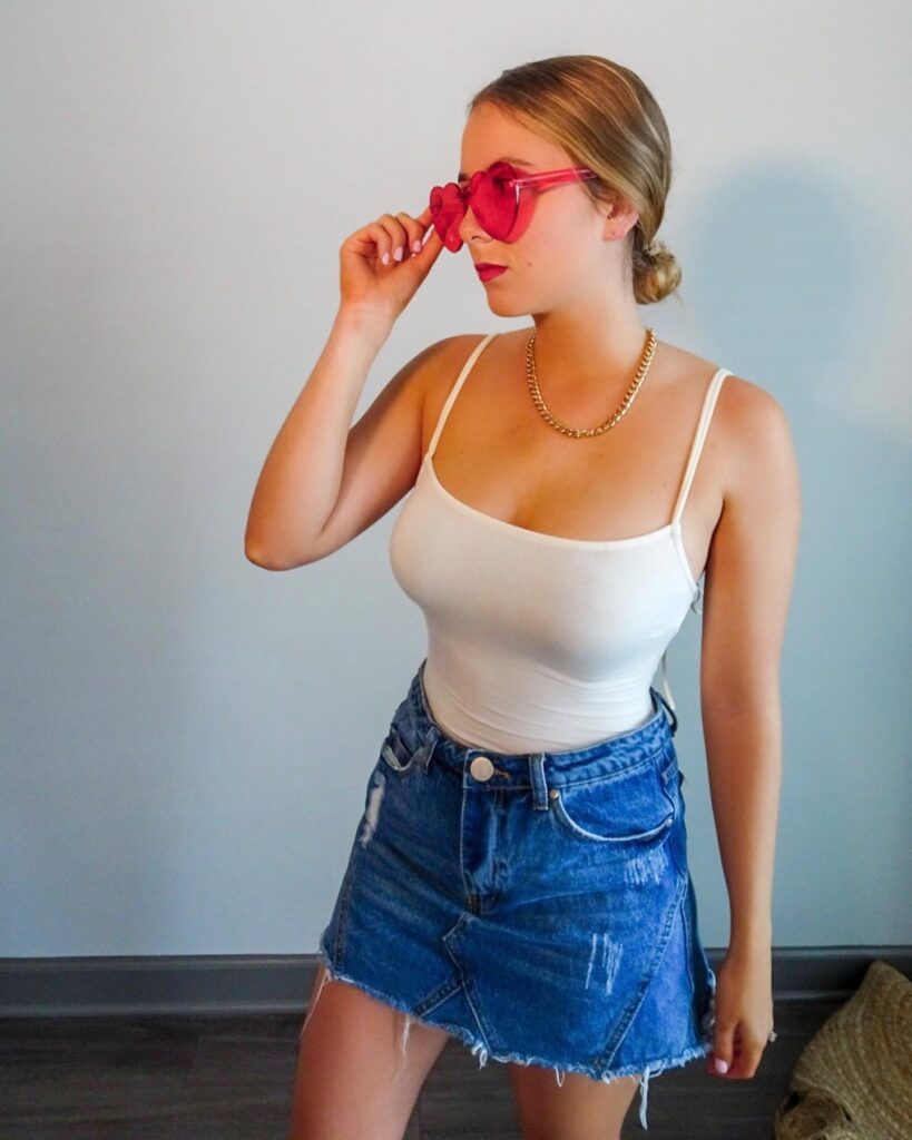White Cami with Distressed Denim Skirt