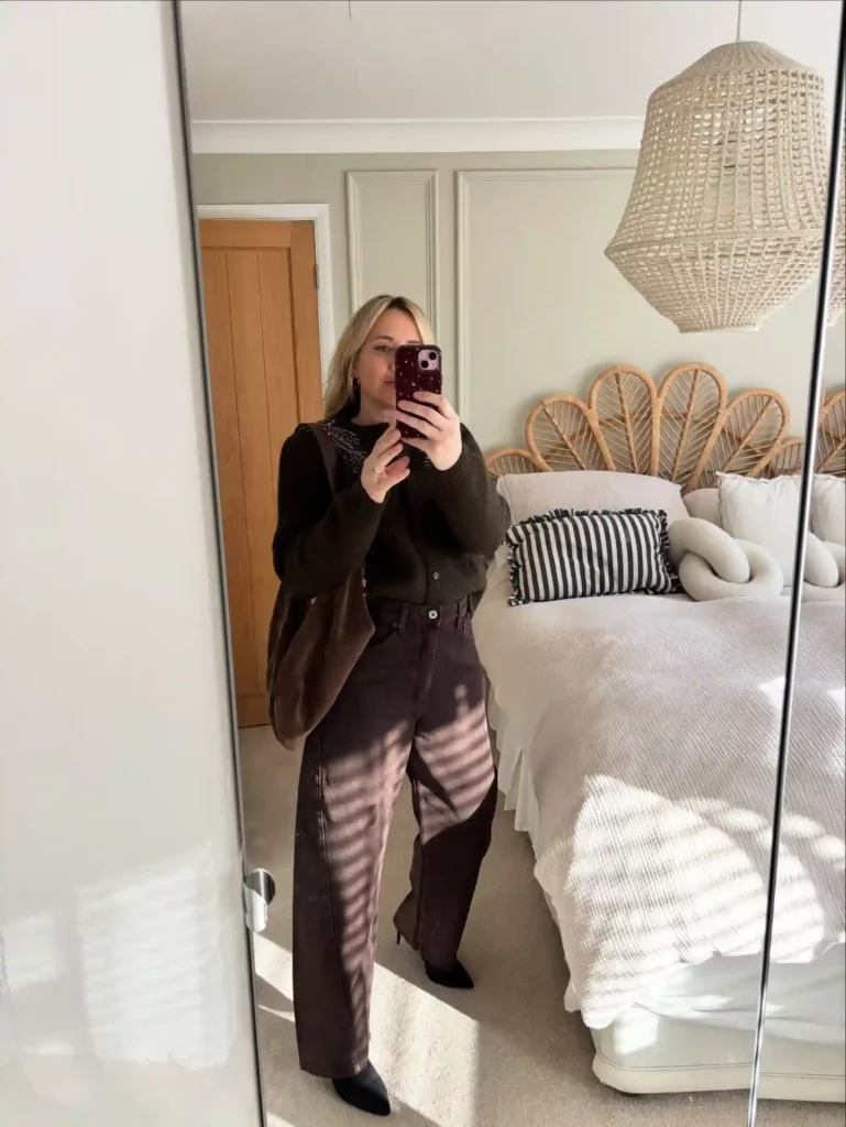 Brown Embellished Sweater with Brown Barrel Jeans Outfit