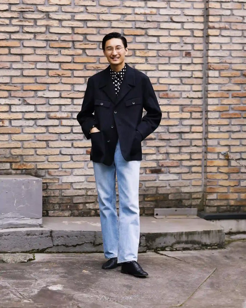 Navy Jacket with Polka Dot Shirt and Light Jeans