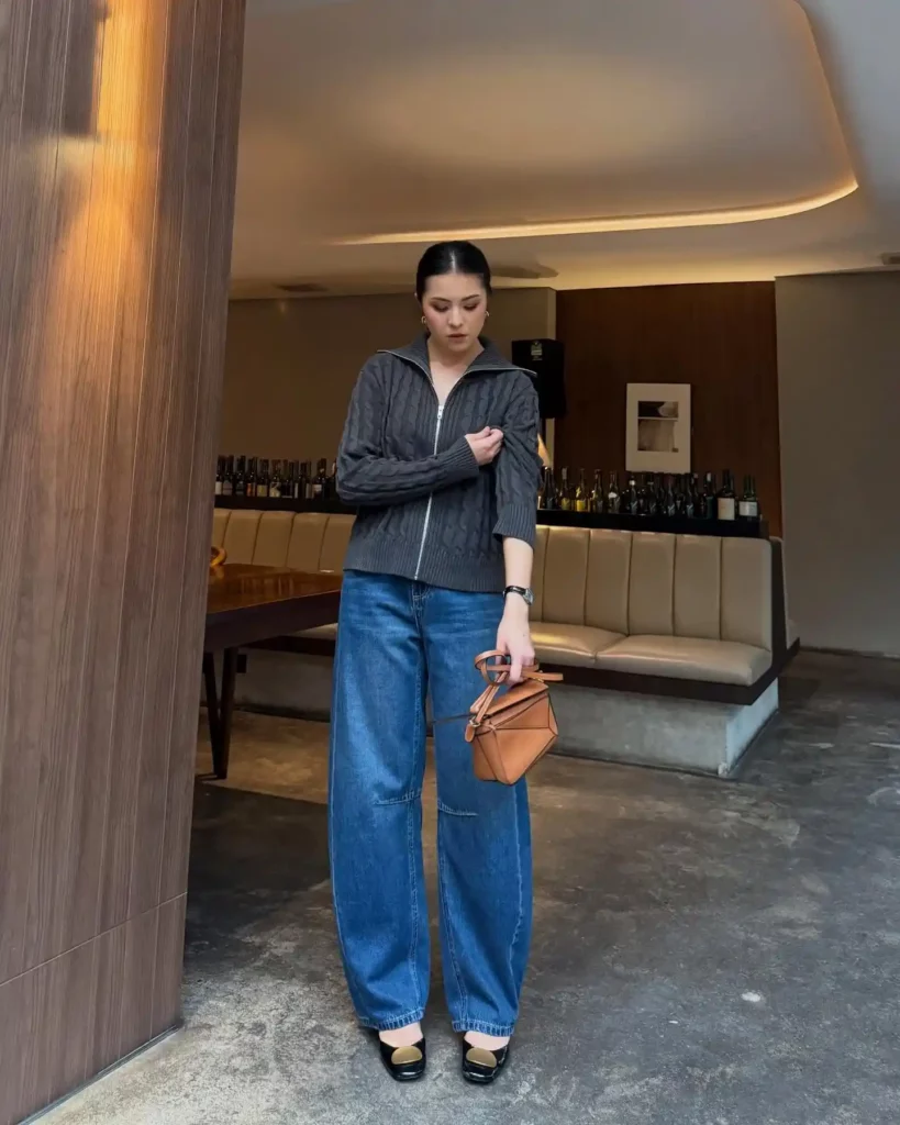 Gray Cable Knit Zip-Up with Blue Barrel Jeans Smart Casual Outfit