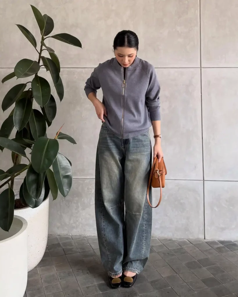 Lavender Zip-Up Sweater with Faded Blue Barrel Jeans Outfit