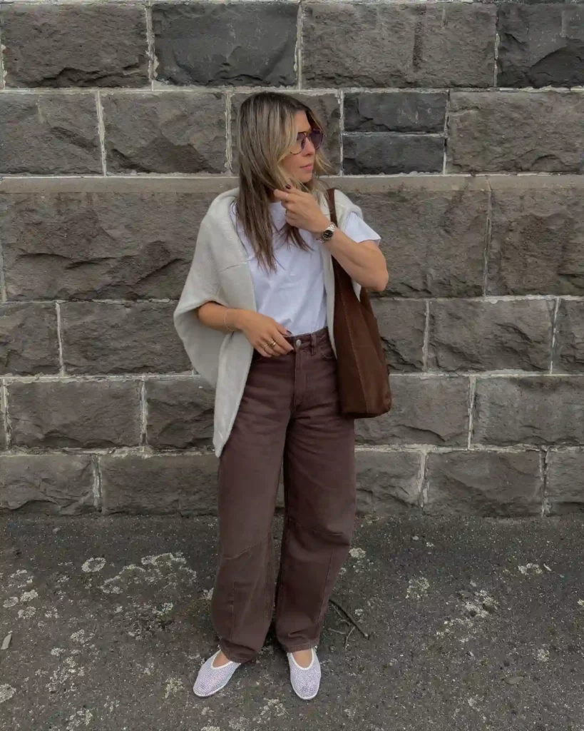 White Tee with Brown Barrel Jeans Outfit