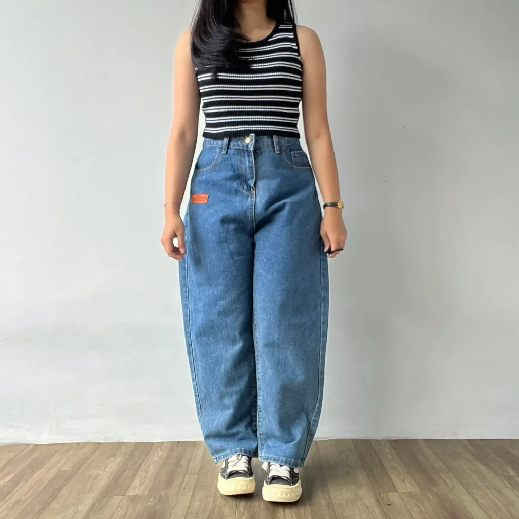 Striped Knit Tank with Blue Barrel Jeans Streetwear Outfit