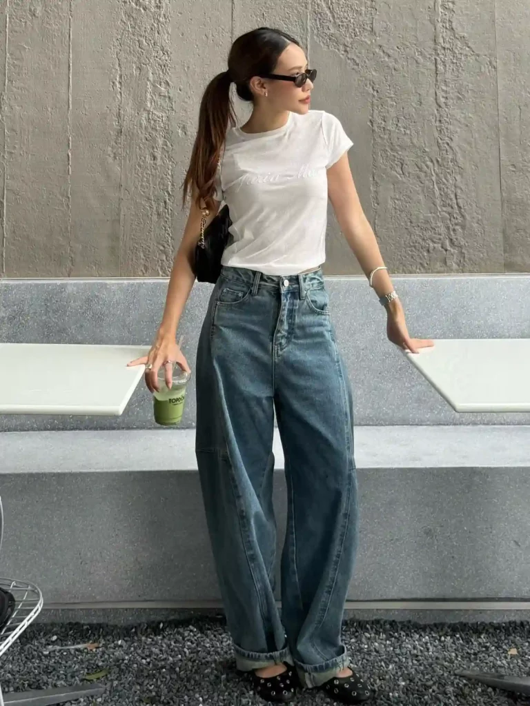White Script Tee with Dark Blue Barrel Jeans Street Style Outfit