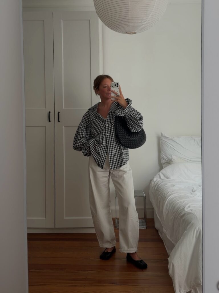 Gingham Shirt with White Barrel Jeans Outfit