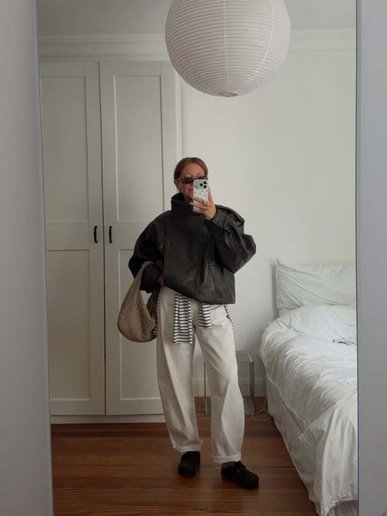 Black Leather Jacket with White Barrel Jeans Outfit