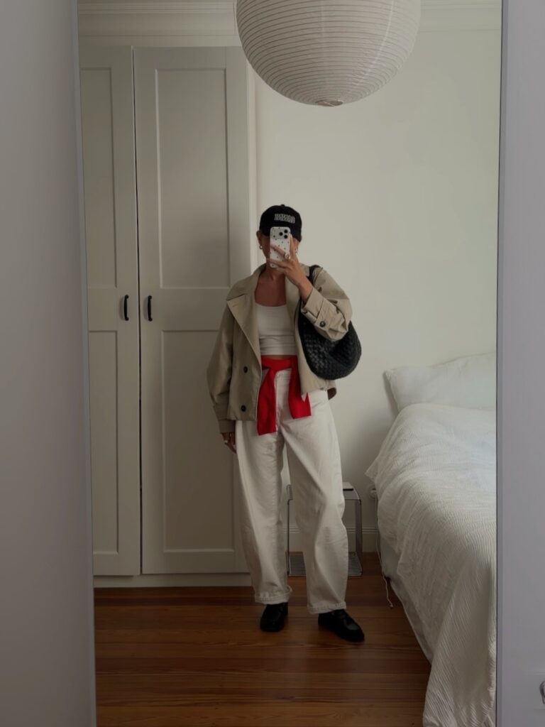 Beige Trench with White Barrel Jeans and Red Sweater Outfit