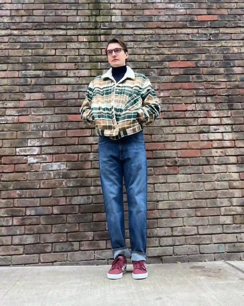 Plaid Sherpa Jacket with Cuffed Jeans