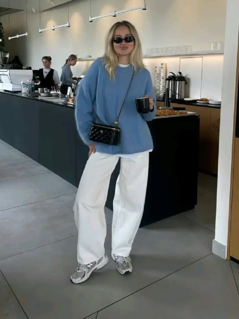 Blue Mohair Sweater with White Barrel Jeans Outfit