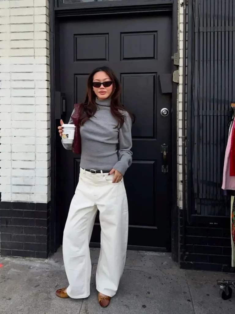 Gray Turtleneck with White Barrel Jeans Outfit