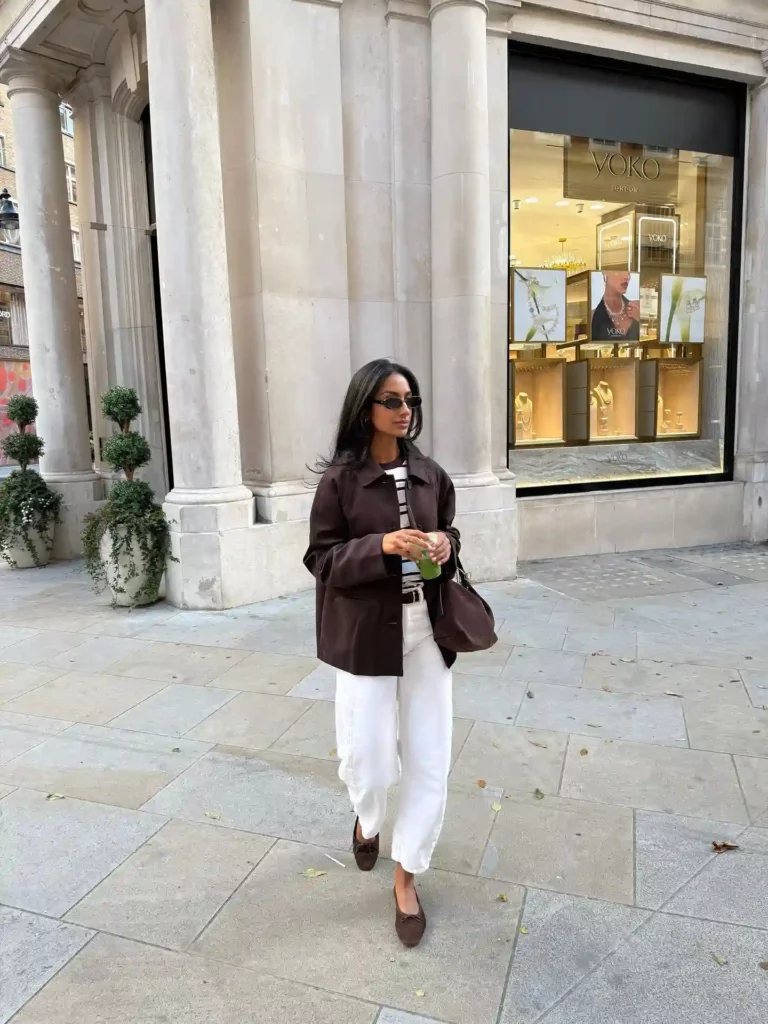 Brown Jacket with Striped Tee and White Barrel Jeans Outfit