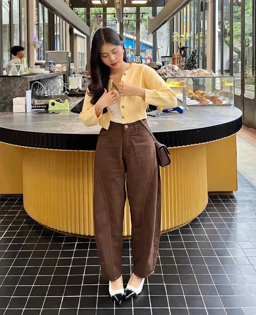 Yellow Cardigan with Brown Barrel Jeans Outfit