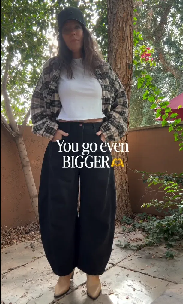 Black Barrel Jeans with Plaid Flannel and Crop Top Outfit