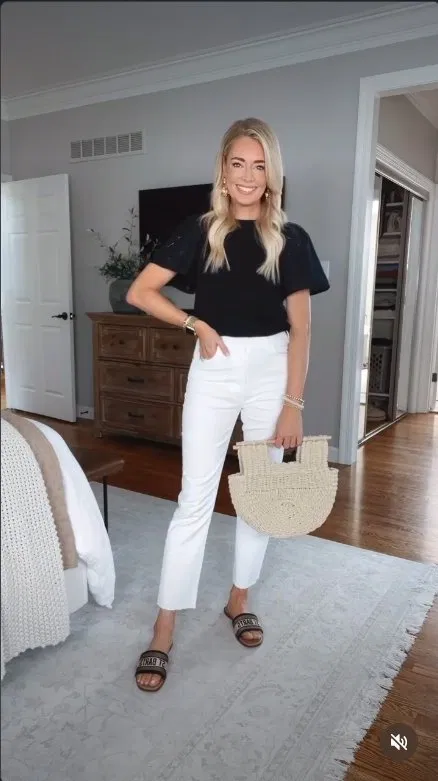 Black Tee with Straight-Leg White Jeans