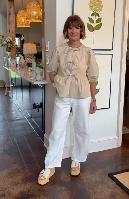 Beige Bow-Detail Top with White Barrel Jeans Outfit
